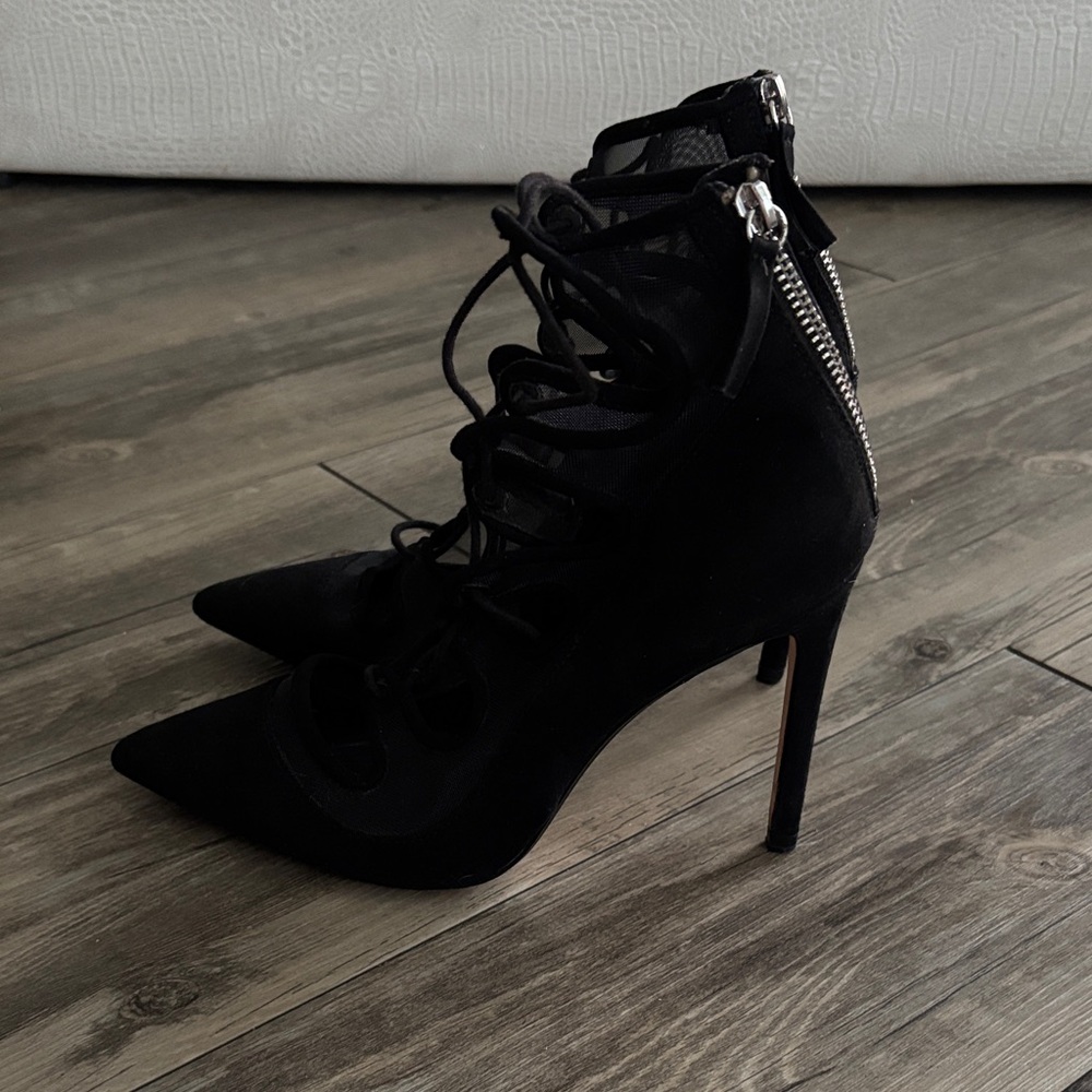 Zara Black Lace-Up Mesh and Suede Pumps Heels, Size 38 - Picture 4 of 9
